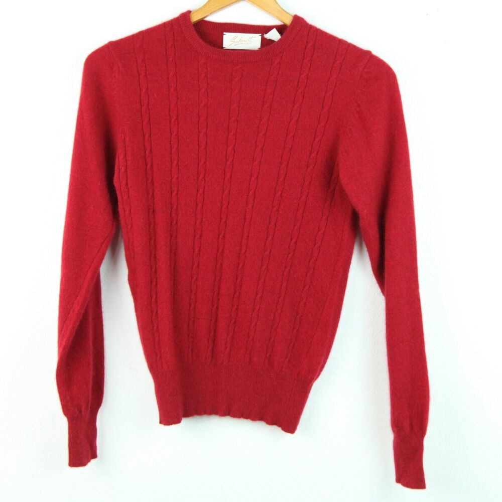 Vintage Small Red Cashmere Sweater Cable Knit Preppy‎ Valentine Crewneck Classic